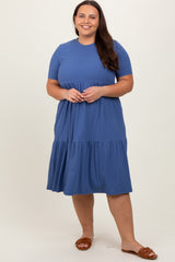 Blue Ribbed Tiered Maternity Plus Dress