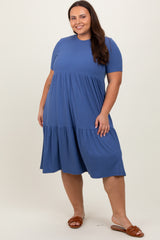 Blue Ribbed Tiered Plus Dress