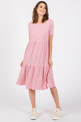 Pink Ribbed Tiered Maternity Midi Dress