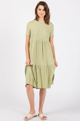 Light Olive Ribbed Tiered Maternity Midi Dress