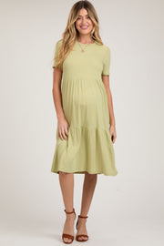 Light Olive Ribbed Tiered Maternity Midi Dress