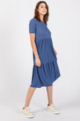 Blue Ribbed Tiered Midi Dress