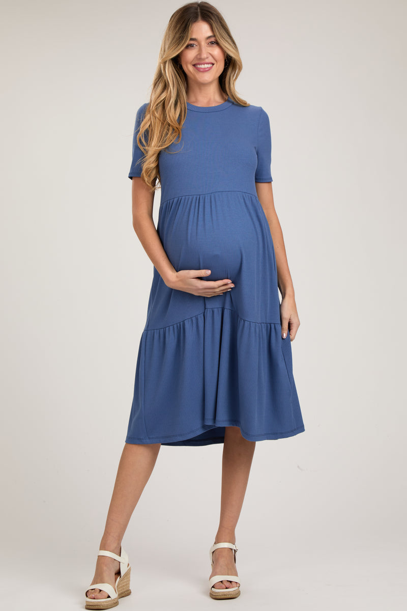 Blue Ribbed Tiered Maternity Midi Dress – PinkBlush