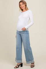 Light Blue Cuffed Maternity Wide Leg Jeans