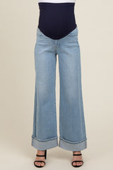 Light Blue Cuffed Maternity Wide Leg Jeans