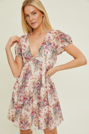 Cream Chiffon Floral Back Tie Dress