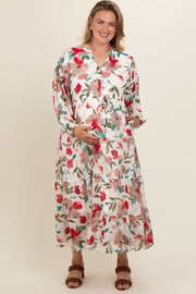 Ivory Floral Front Button Waist Tie Maternity Plus Midi Dress