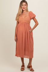 Salmon Crochet Front Short Puff Sleeve Maternity Midi Dress