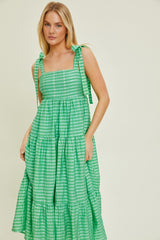 Green Gingham Shoulder Tie Maternity Dress