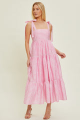 Pink Gingham Shoulder Tie Maternity Dress