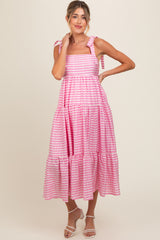 Pink Gingham Shoulder Tie Maternity Dress