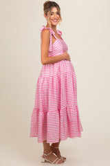 Pink Gingham Shoulder Tie Maternity Dress