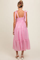 Pink Gingham Shoulder Tie Maternity Dress