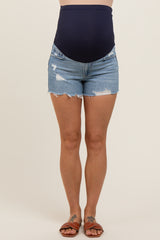 Light Blue Distressed Fringe Hem Maternity Denim Shorts