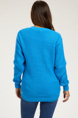 Blue Waffle Knit Round Hem Maternity Sweater