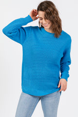 Blue Waffle Knit Round Hem Maternity Sweater