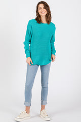 Turquoise Waffle Knit Round Hem Sweater