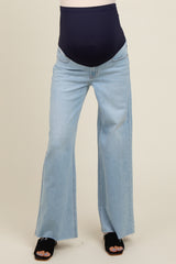 Light Blue Unfinished Hem Wide Leg Maternity Jeans