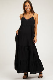 Black Scalloped Embroidered Neckline Maternity Maxi Dress