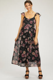 Black Floral Chiffon Back Tie Maternity Maxi Dress