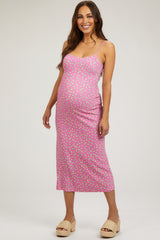 Fuchsia Floral Sleeveless Maternity Midi Dress