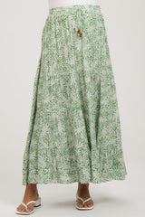 Light Olive Leaf Printed Drawstring Tiered Maternity Maxi Skirt