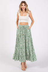 Light Olive Leaf Printed Drawstring Tiered Maxi Skirt