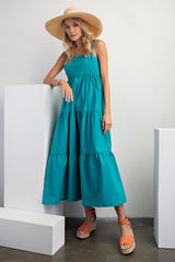 Teal Square Neck Cut Out Back Tiered Maxi Dress