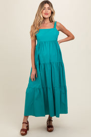 Teal Square Neck Cut Out Back Tiered Maternity Maxi Dress