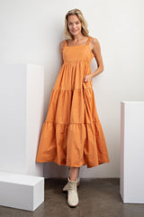 Orange Square Neck Cut Out Back Tiered Maternity Maxi Dress