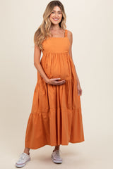 Orange Square Neck Cut Out Back Tiered Maternity Maxi Dress