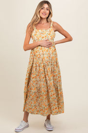 Yellow Floral Square Neck Cut Out Back Tiered Maternity Maxi Dress