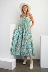 Blue Floral Square Neck Cut Out Back Tiered Maternity Maxi Dress