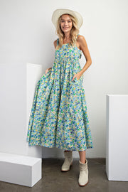 Blue Floral Square Neck Cut Out Back Tiered Maxi Dress