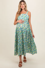 Blue Floral Square Neck Cut Out Back Tiered Maternity Maxi Dress