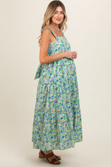 Blue Floral Square Neck Cut Out Back Tiered Maternity Maxi Dress