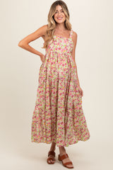 Pink Floral Square Neck Cut Out Back Tiered Maternity Maxi Dress