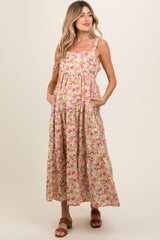 Pink Floral Square Neck Cut Out Back Tiered Maternity Maxi Dress