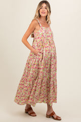 Pink Floral Square Neck Cut Out Back Tiered Maternity Maxi Dress