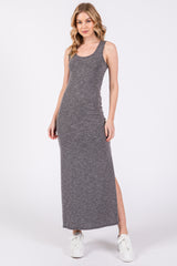 Charcoal Ribbed Sleeveless Side Slit Maternity Midi Dress