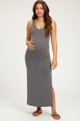 Charcoal Ribbed Sleeveless Side Slit Maternity Midi Dress