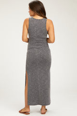 Charcoal Ribbed Sleeveless Side Slit Maternity Midi Dress