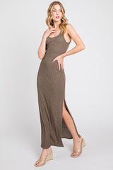 Brown Ribbed Sleeveless Side Slit Maternity Maxi Dress