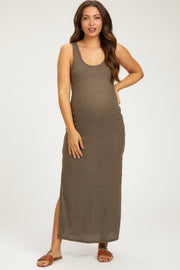 Brown Ribbed Sleeveless Side Slit Maternity Maxi Dress