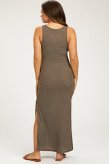 Brown Ribbed Sleeveless Side Slit Maternity Maxi Dress