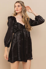 Black Satin Smocked Back Babydoll Dress