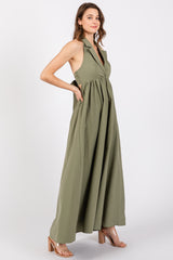 Light Olive Collared Halter Back Tie Maternity Maxi Dress