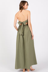 Light Olive Collared Halter Back Tie Maxi Dress