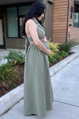 Light Olive Collared Halter Back Tie Maternity Maxi Dress