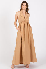 Taupe Collared Halter Back Tie Maxi Dress